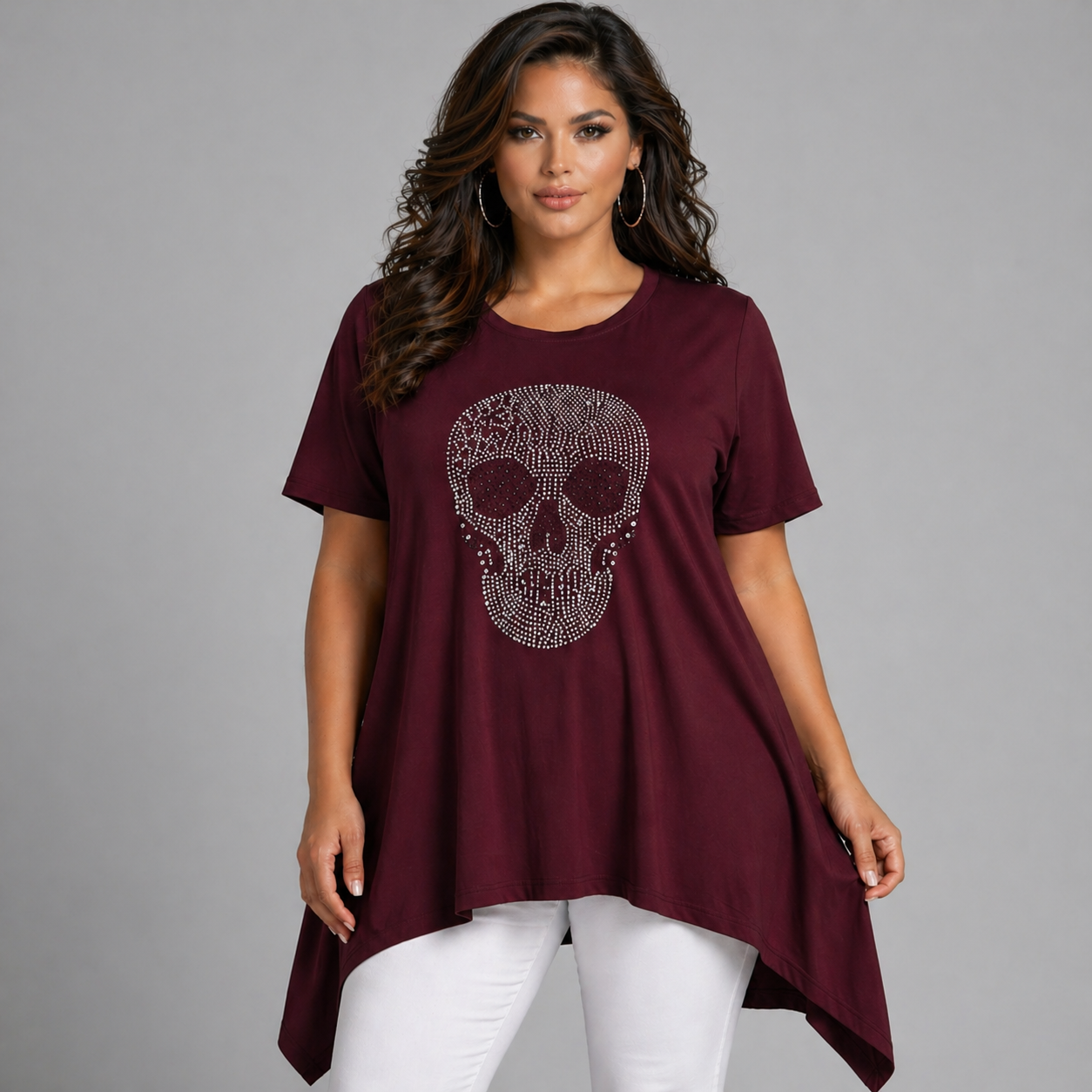 Short Sleeve Hanky Hem Studded Skull Long Length Top