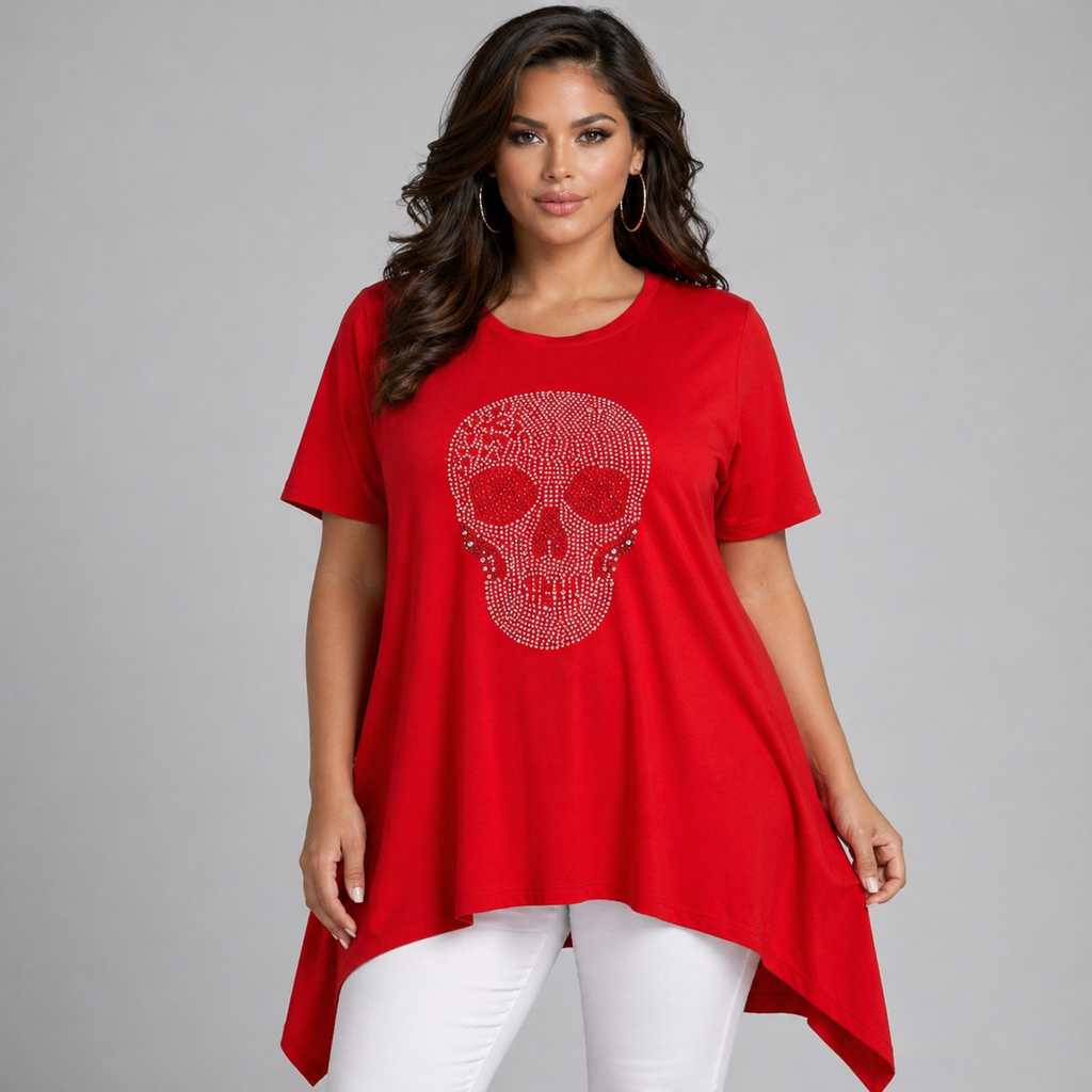 Short Sleeve Hanky Hem Studded Skull Long Length Top