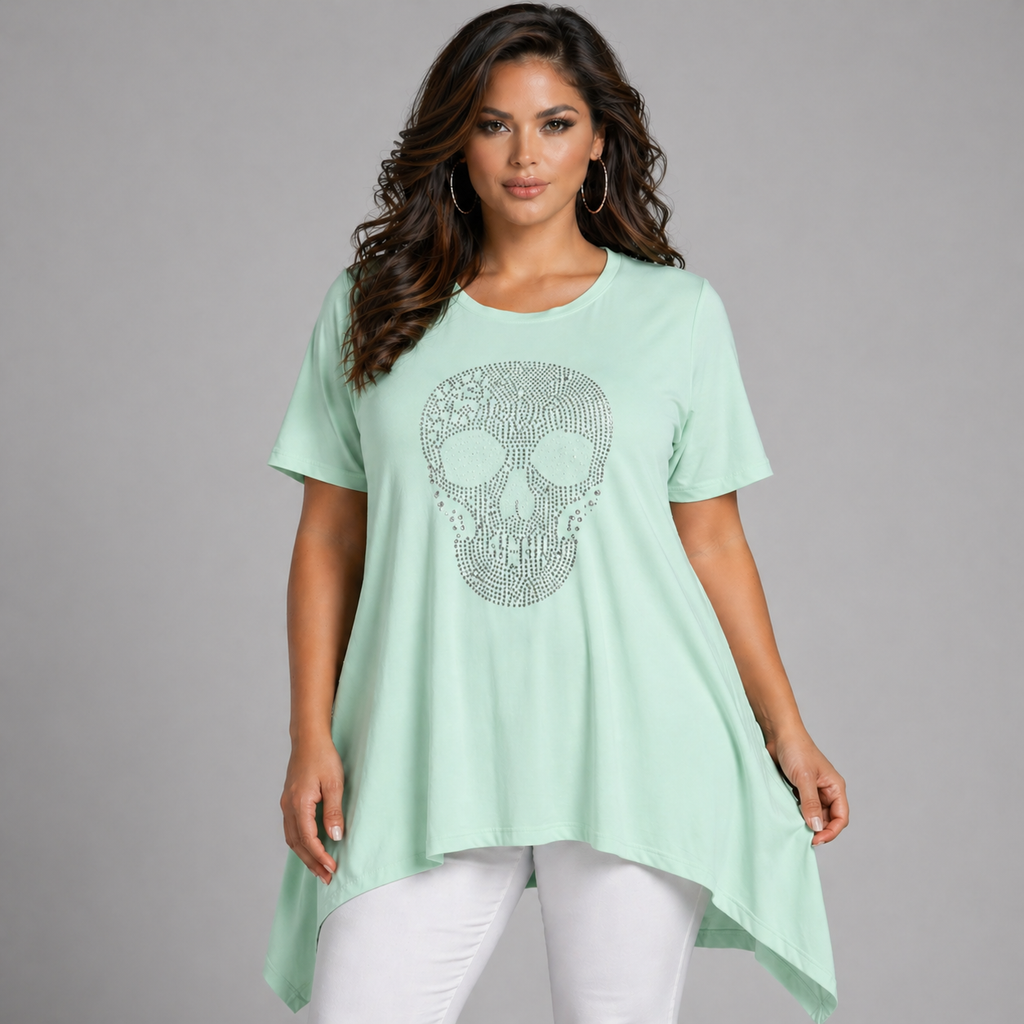 Short Sleeve Hanky Hem Studded Skull Long Length Top