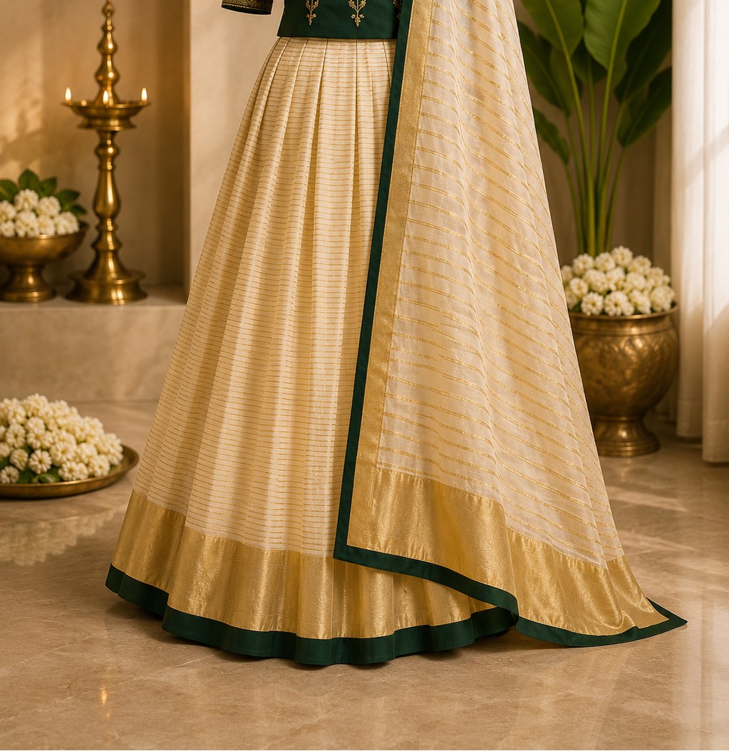 Kerala Half Saree Set – Emerald Green