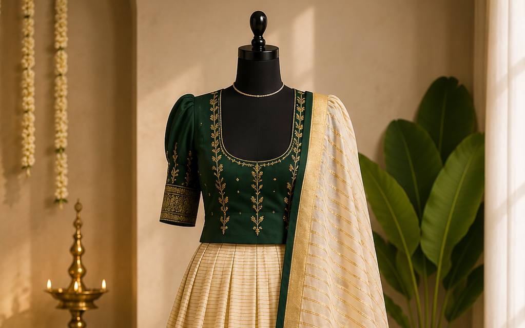 Kerala Half Saree Set – Emerald Green