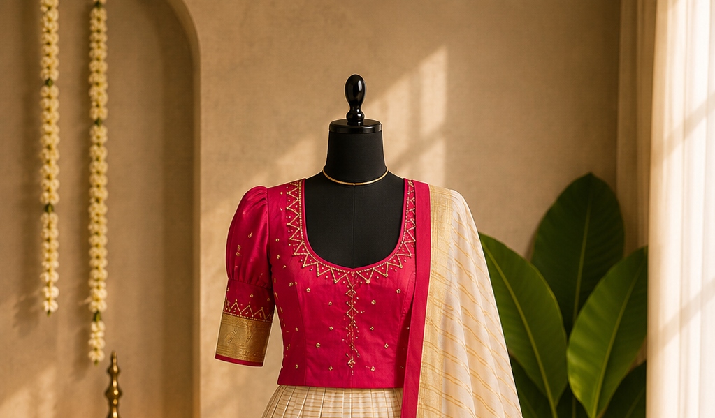 Kerala Half Saree Set – Festive Fuchsia