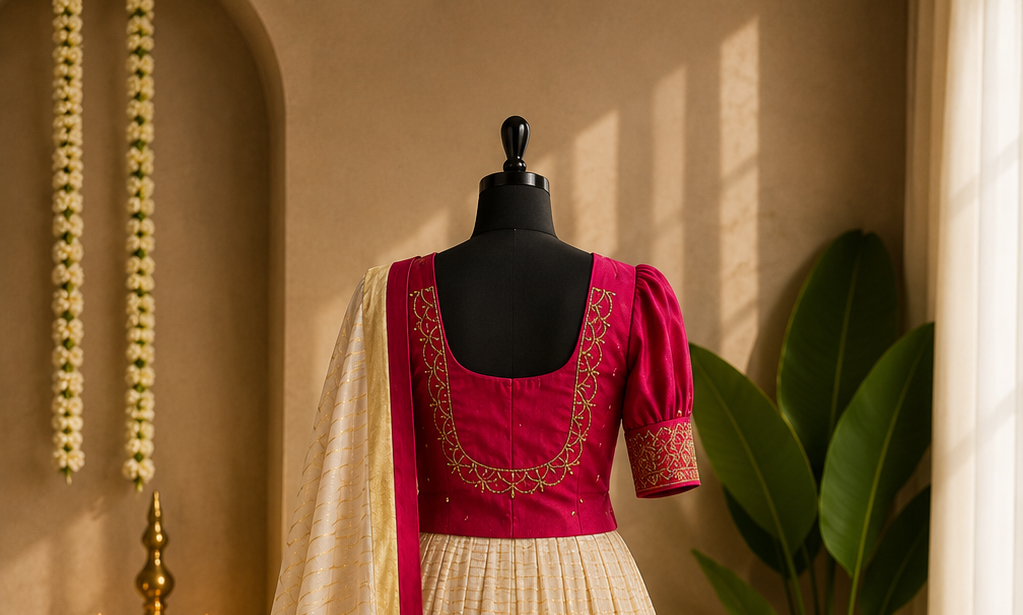 Kerala Half Saree Set – Ruby Pink