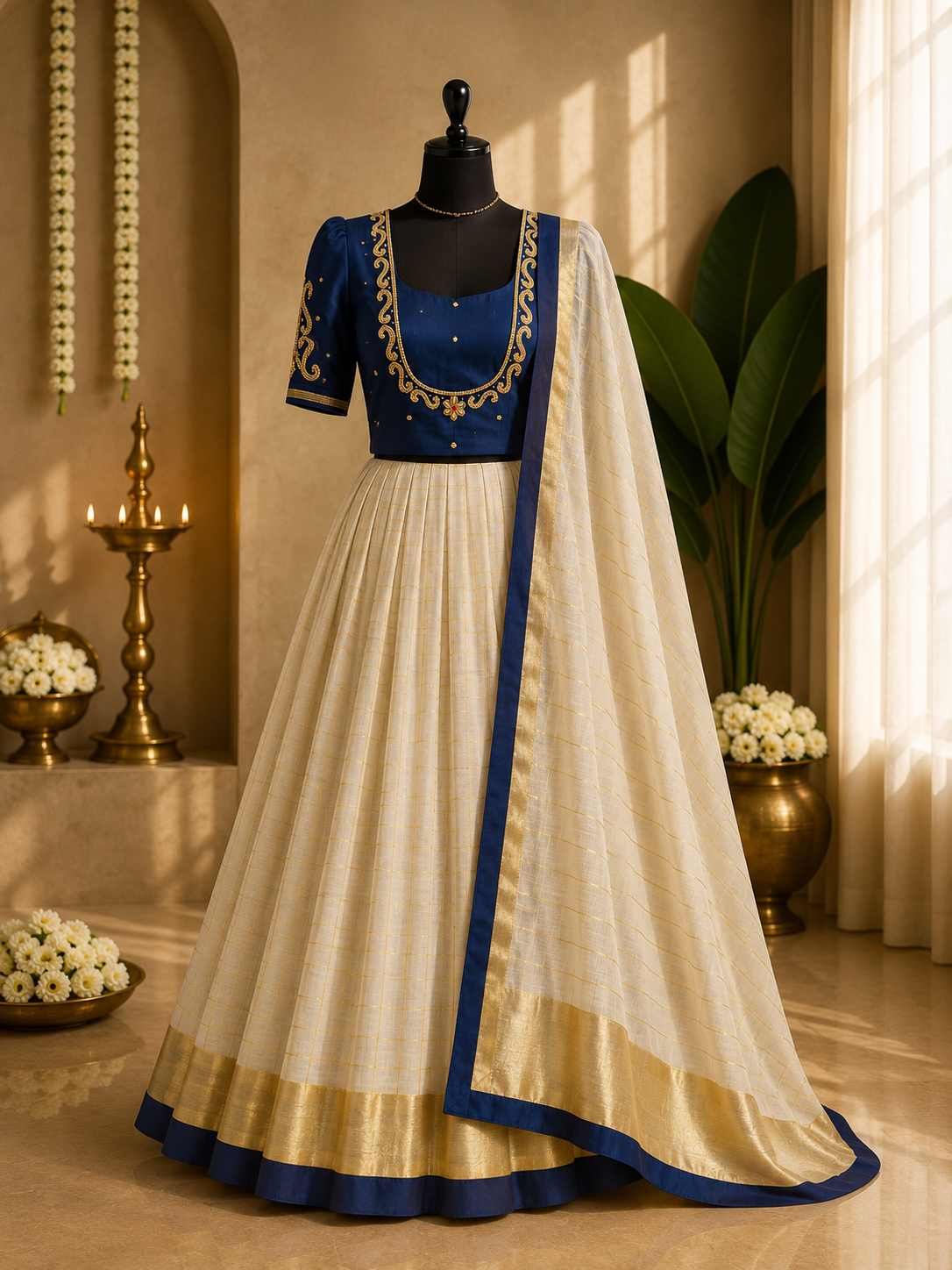 Kerala Half Saree Set – Royal Blue
