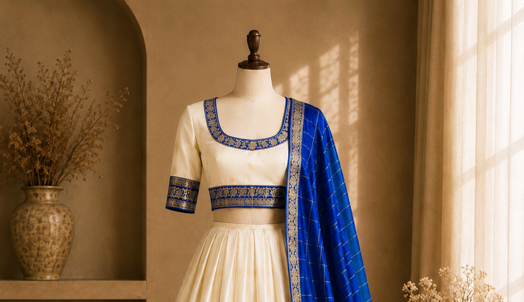 Onam Neelambari Kerala Half Saree Set