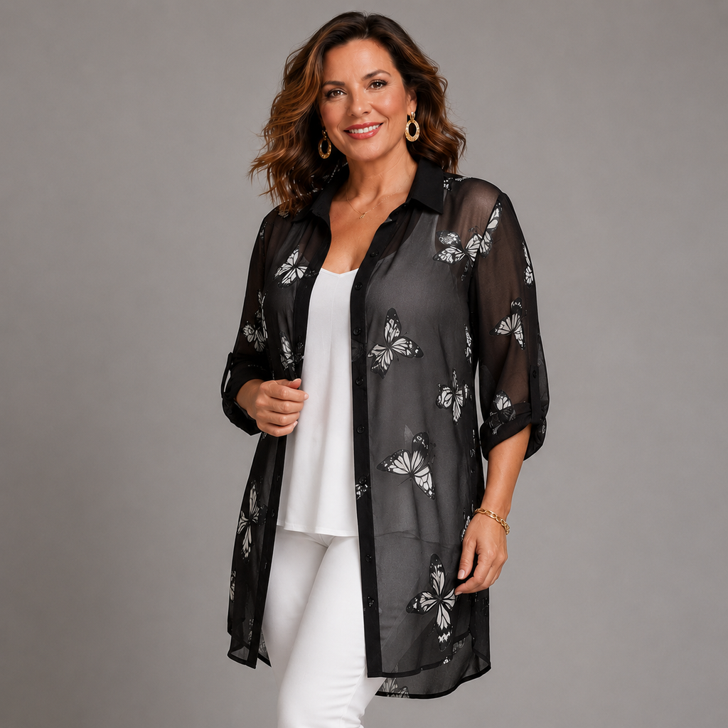 Long Length Chiffon Blouse / Shirt with Butterfly Print