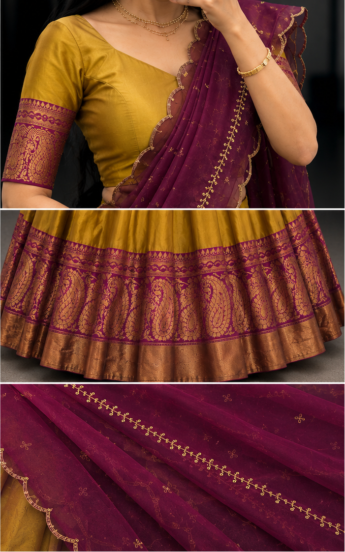 Aarunya Heritage Half Saree Set – Mustard Gold & Wine Purple
