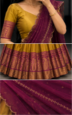 Aarunya Heritage Half Saree Set – Mustard Gold & Wine Purple