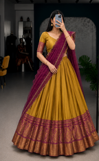 Aarunya Heritage Half Saree Set – Mustard Gold & Wine Purple