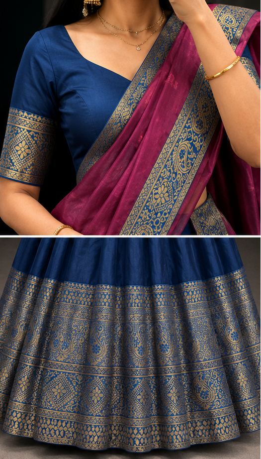 Vaidehi Royale Half Saree Set – Navy Blue & Magenta