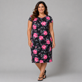 Black Pink Floral Short Sleeve Stretchy Midi Dress