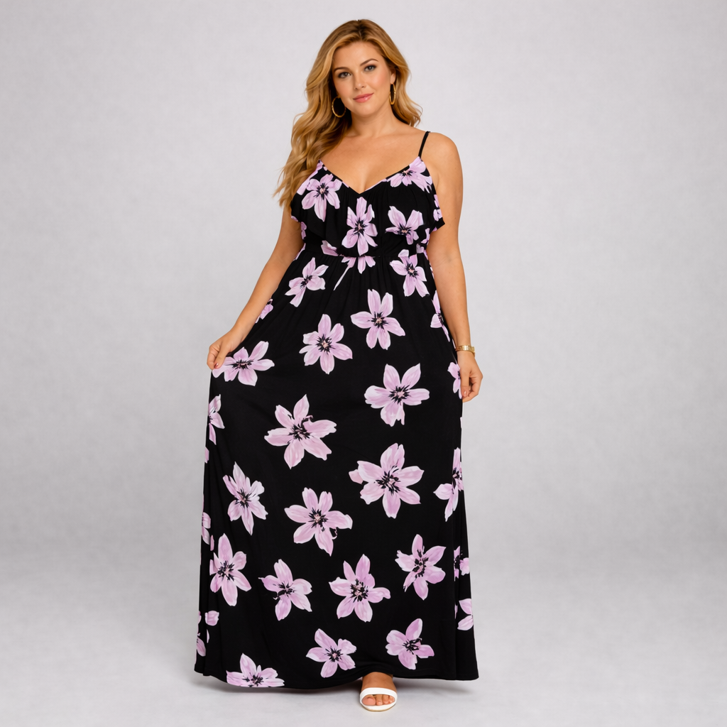 Lilac Floral Print V Frilled Top Maxi Dress