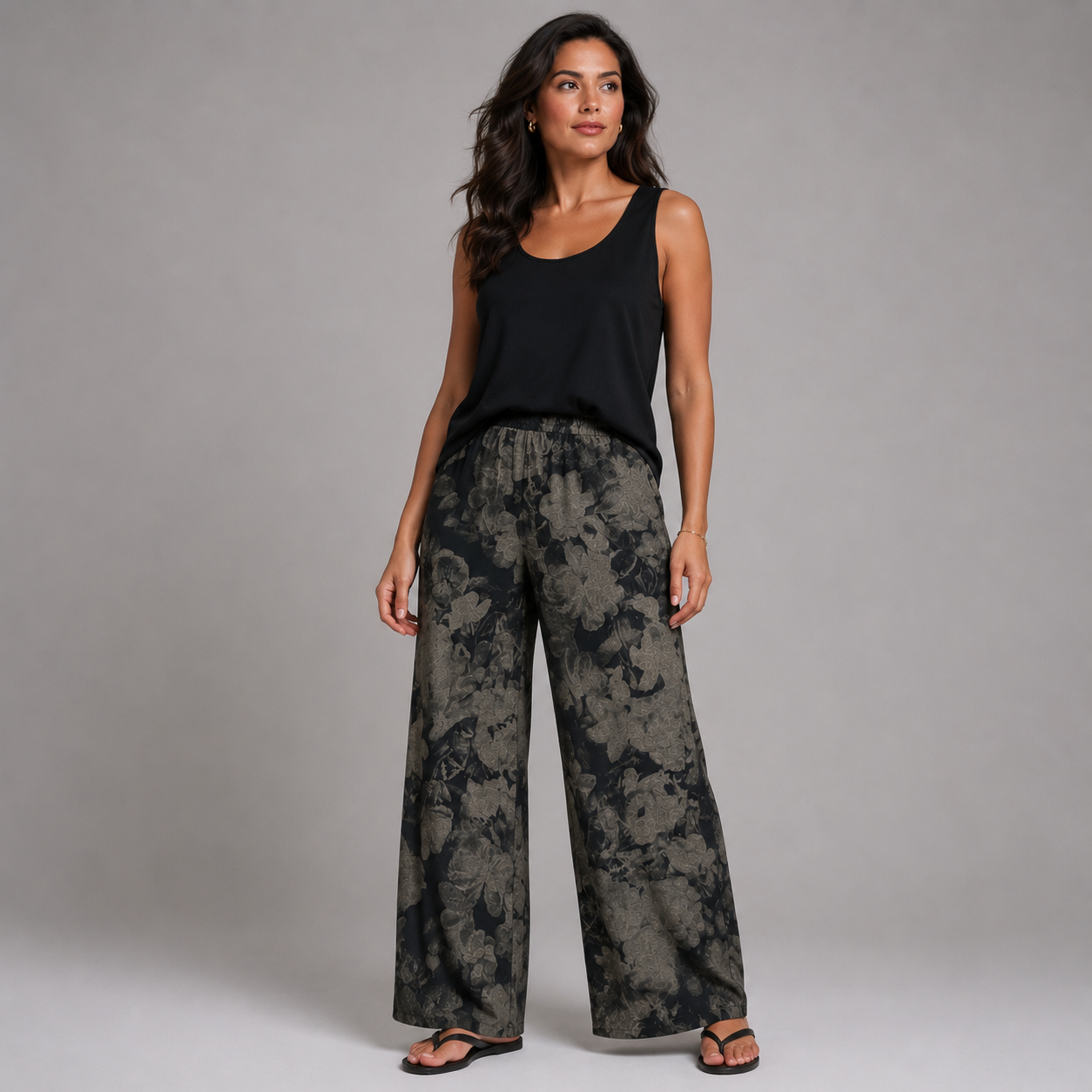 Black Grey Floral Palazzo Trousers