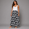Black White Large Flowers Elastic Waist Maxi Skirt