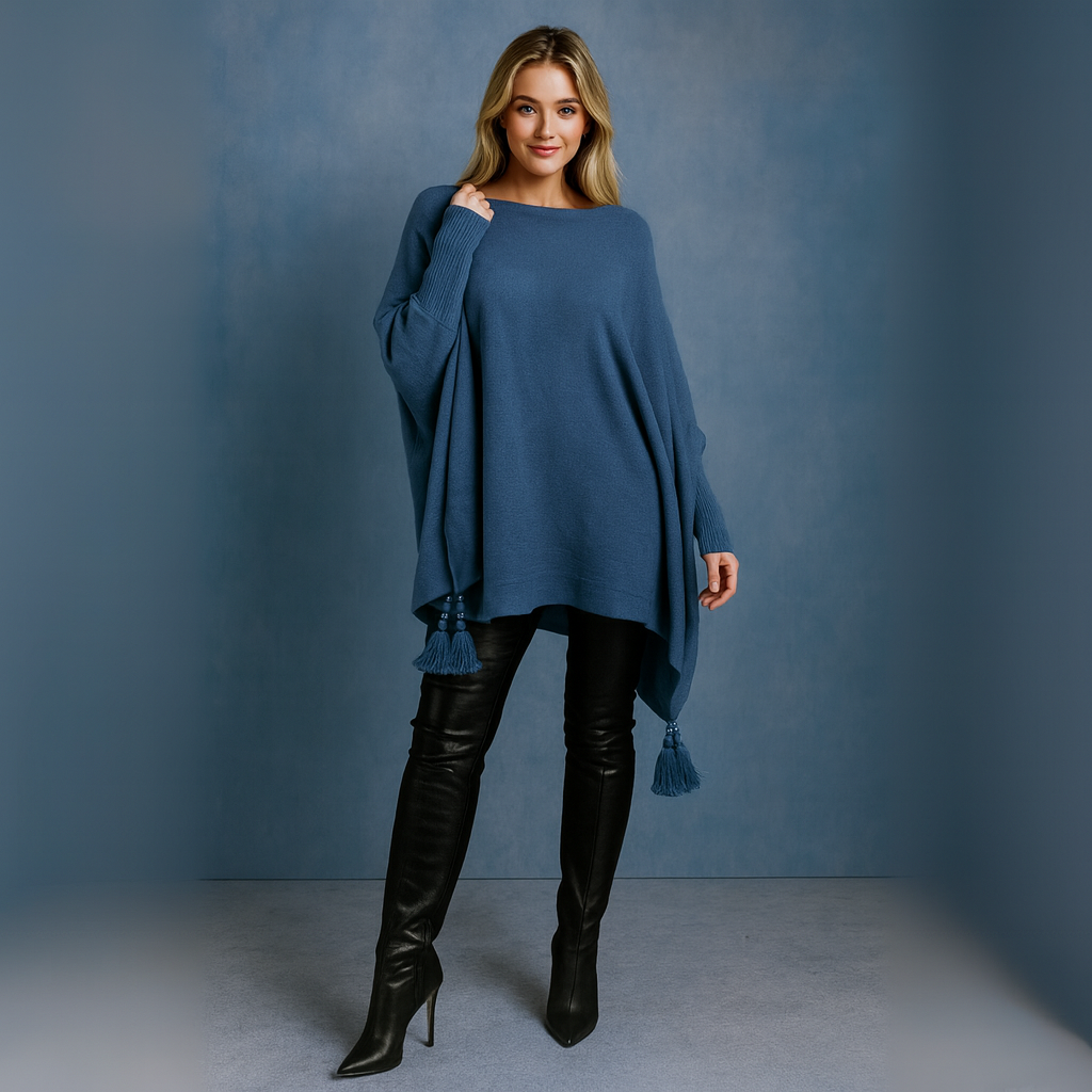 Slash Neck Oversized Jumper with Tassel Detail