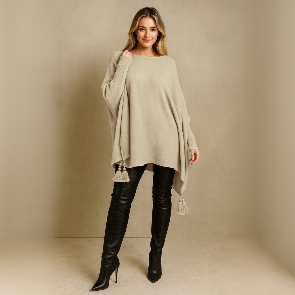 Slash Neck Oversized Jumper with Tassel Detail