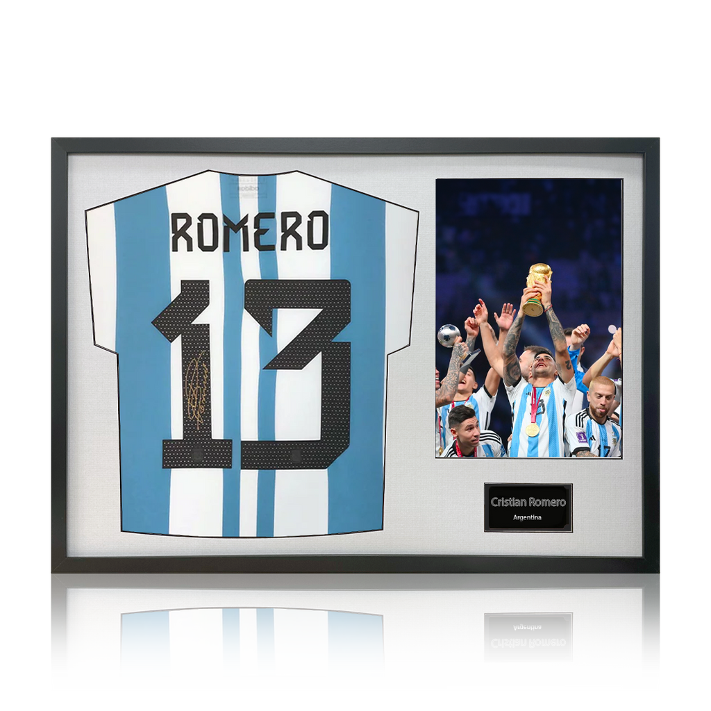 Cristian Romero Signed Argentina Shirt Classic Frame.