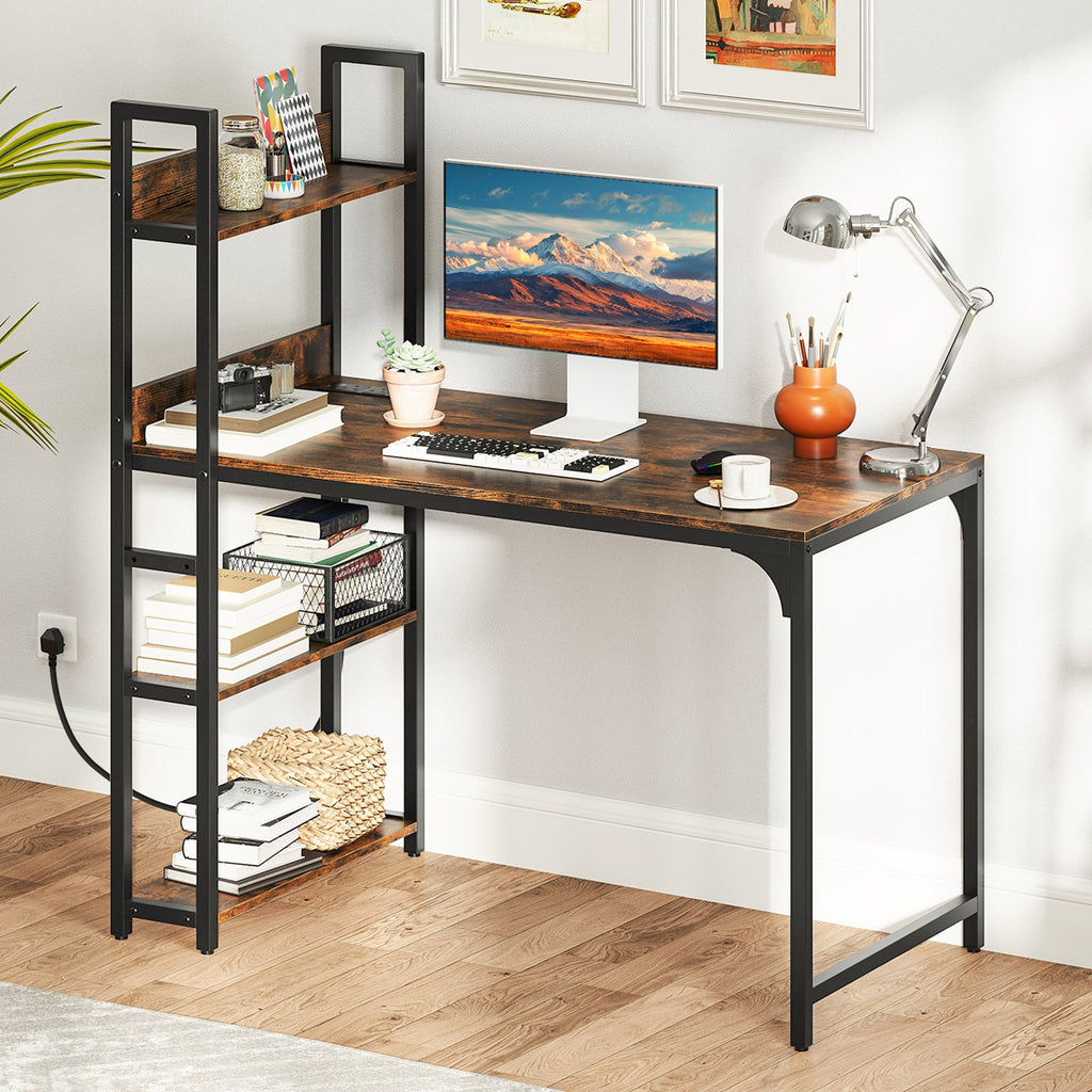 Computer Desk with Power Strip 120 CM Study Writing Desk with Bookshelf-Natural