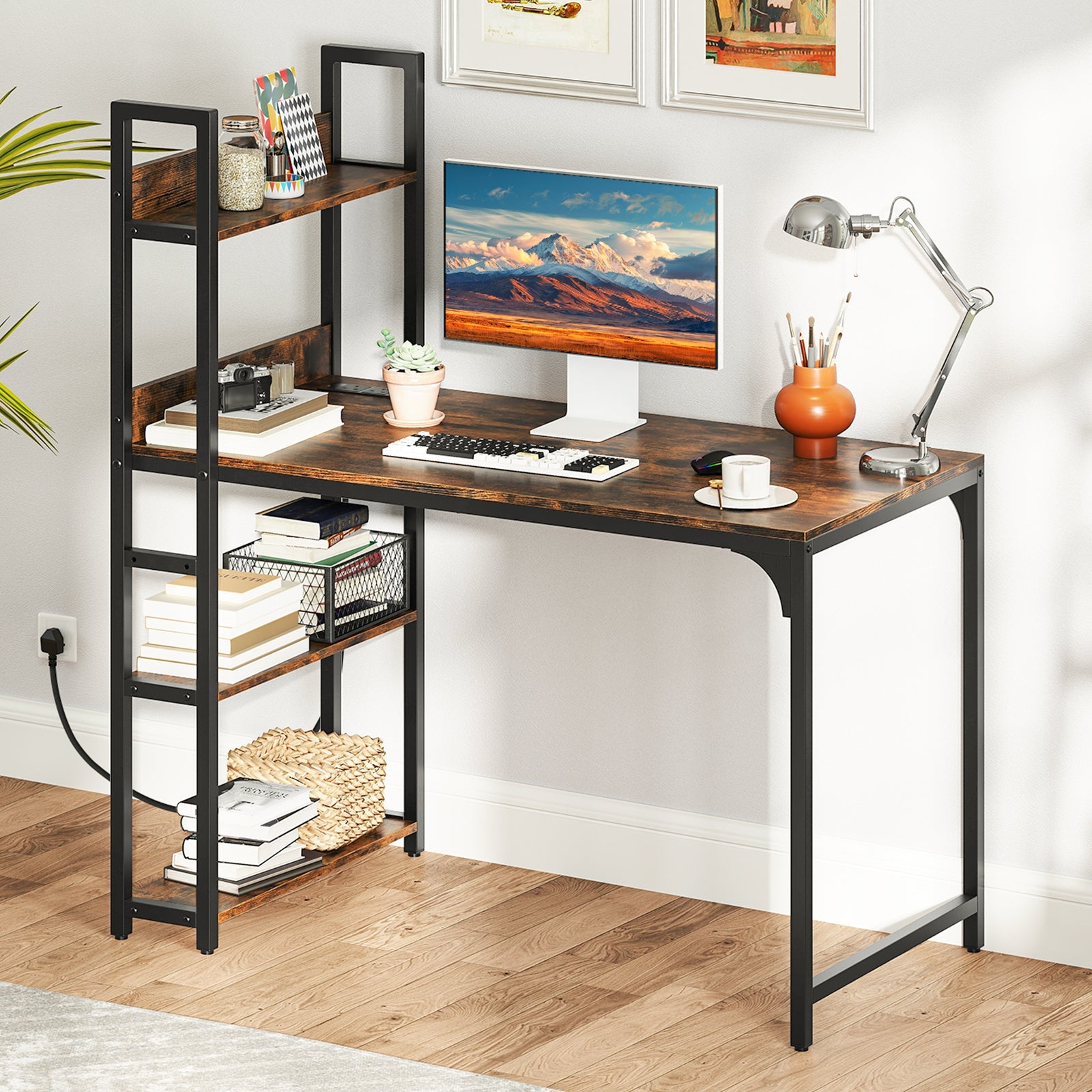 Computer Desk with Power Strip 120 CM Study Writing Desk with Bookshelf-Natural