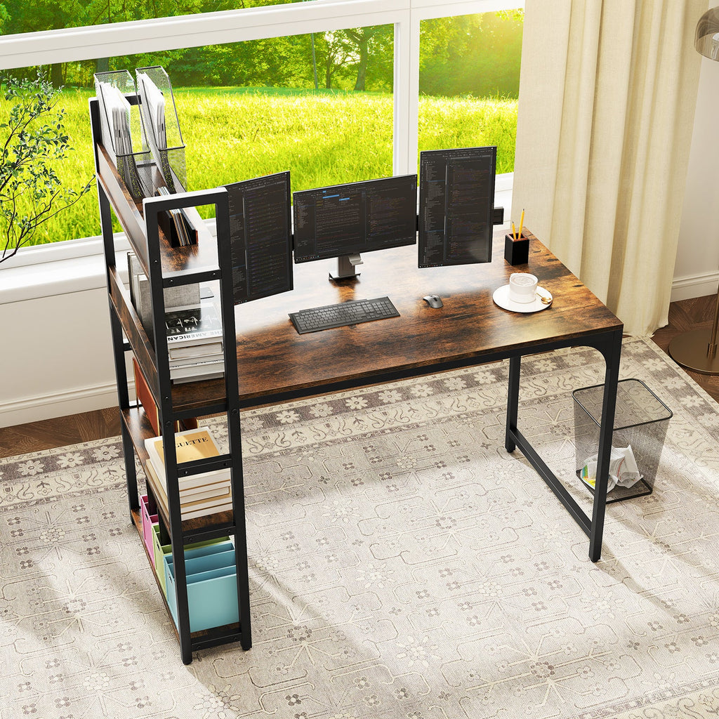 Computer Desk with Power Strip 120 CM Study Writing Desk with Bookshelf-Natural