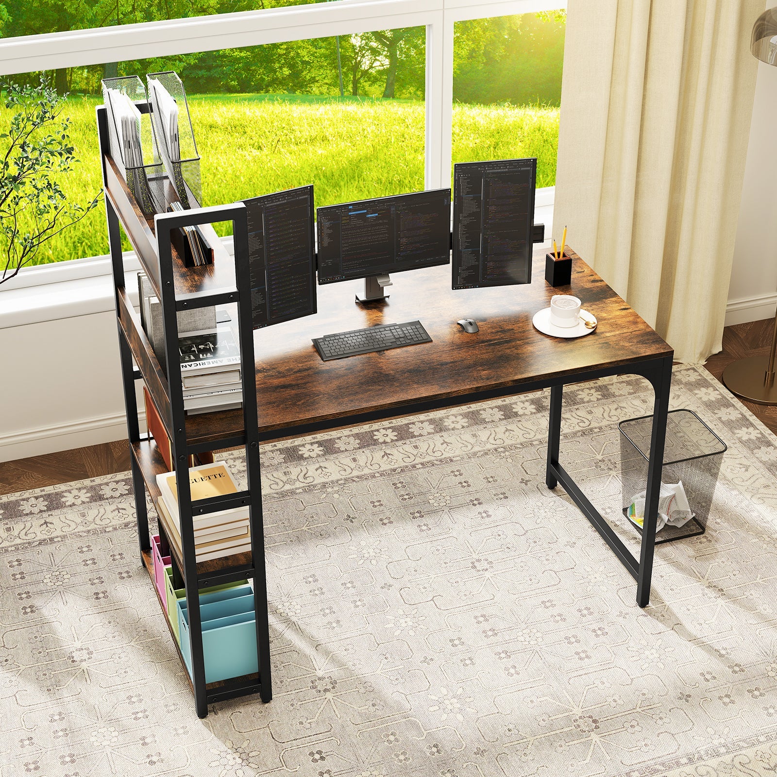 Computer Desk with Power Strip 120 CM Study Writing Desk with Bookshelf-Natural
