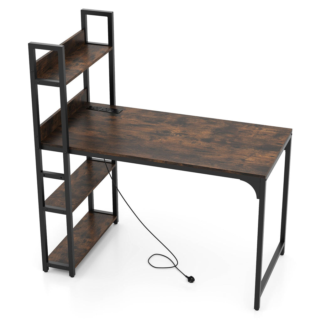 Computer Desk with Power Strip 120 CM Study Writing Desk with Bookshelf-Natural