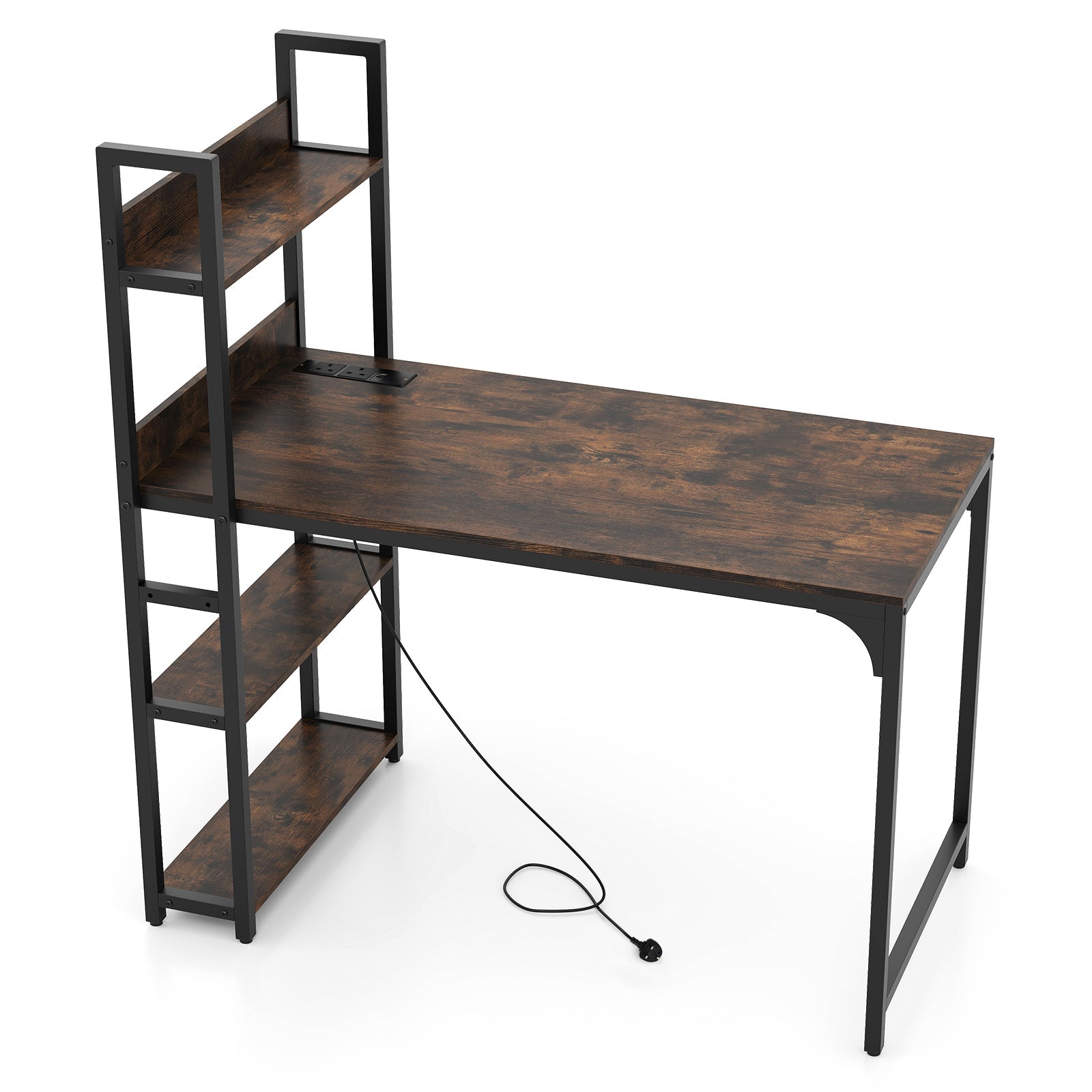 Computer Desk with Power Strip 120 CM Study Writing Desk with Bookshelf-Natural