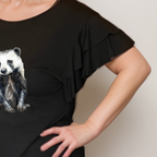 Plus‑Size Black Loose Fitting Top with Badger & Frilled Sleeves