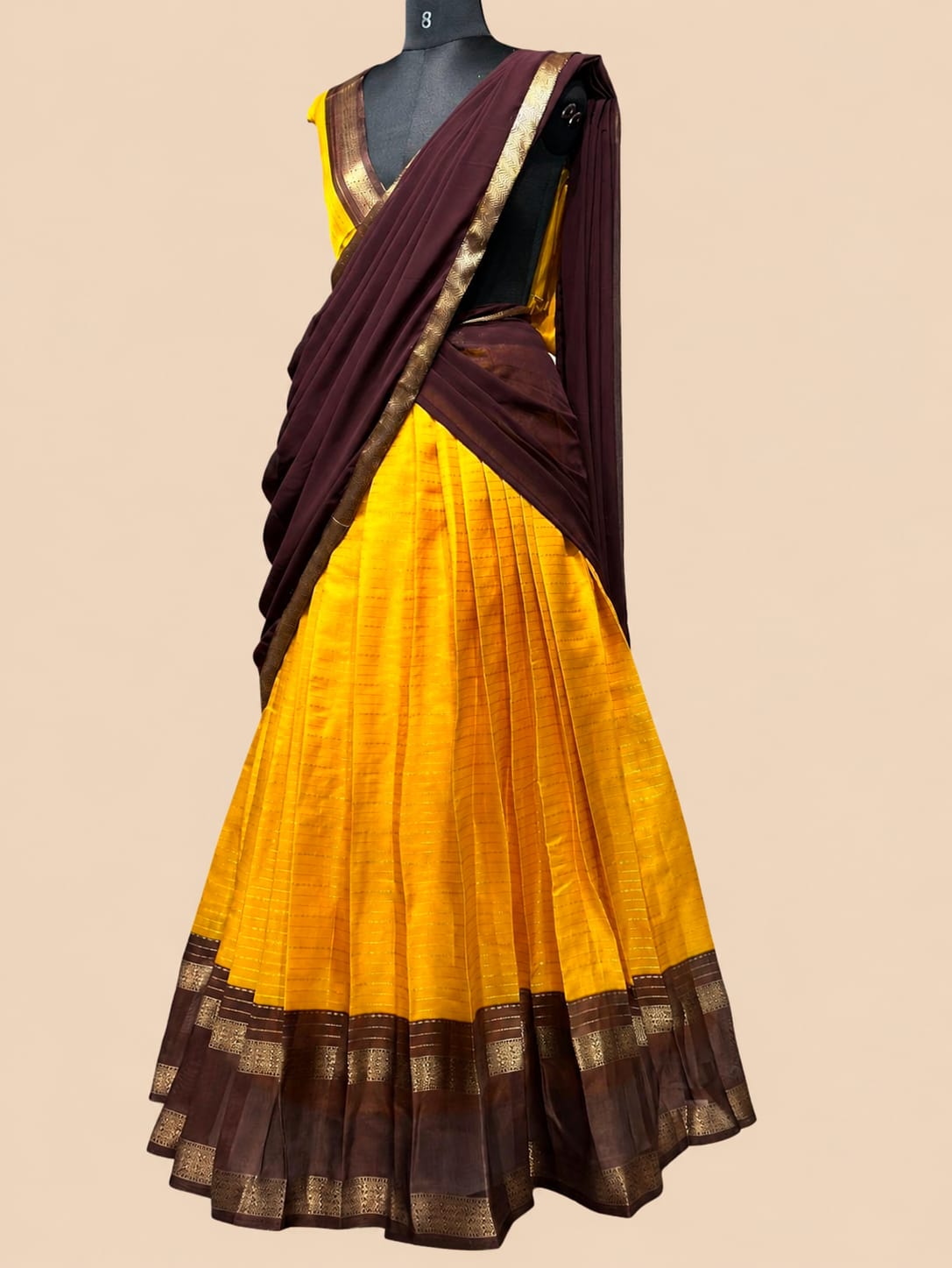 Pure Dola Silk Half Saree Lehenga in Mustard Yellow & Deep Maroon | Kerala Pavada Set with Zari Border Dupatta | South Indian Wedding Wear