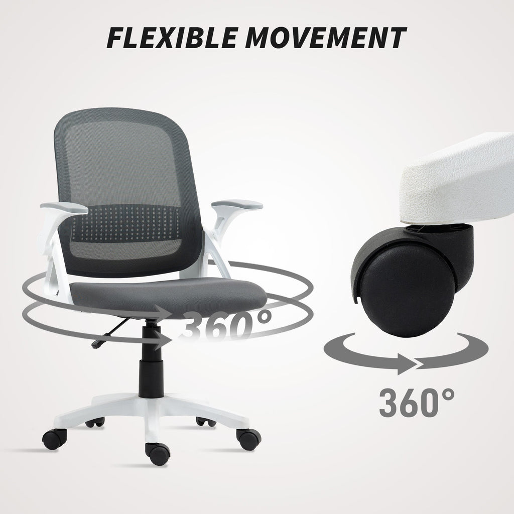 HOMCOM Breathable Mesh Office Chair, Ergonomic Swivel Computer Chair with Flip-up Armrests, Lumbar Back Support for Home/Office, Grey