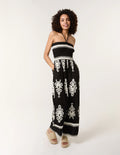 Shirred Bodice Halterneck Printed Jumpsuit Black – Sizes S/M & M/L