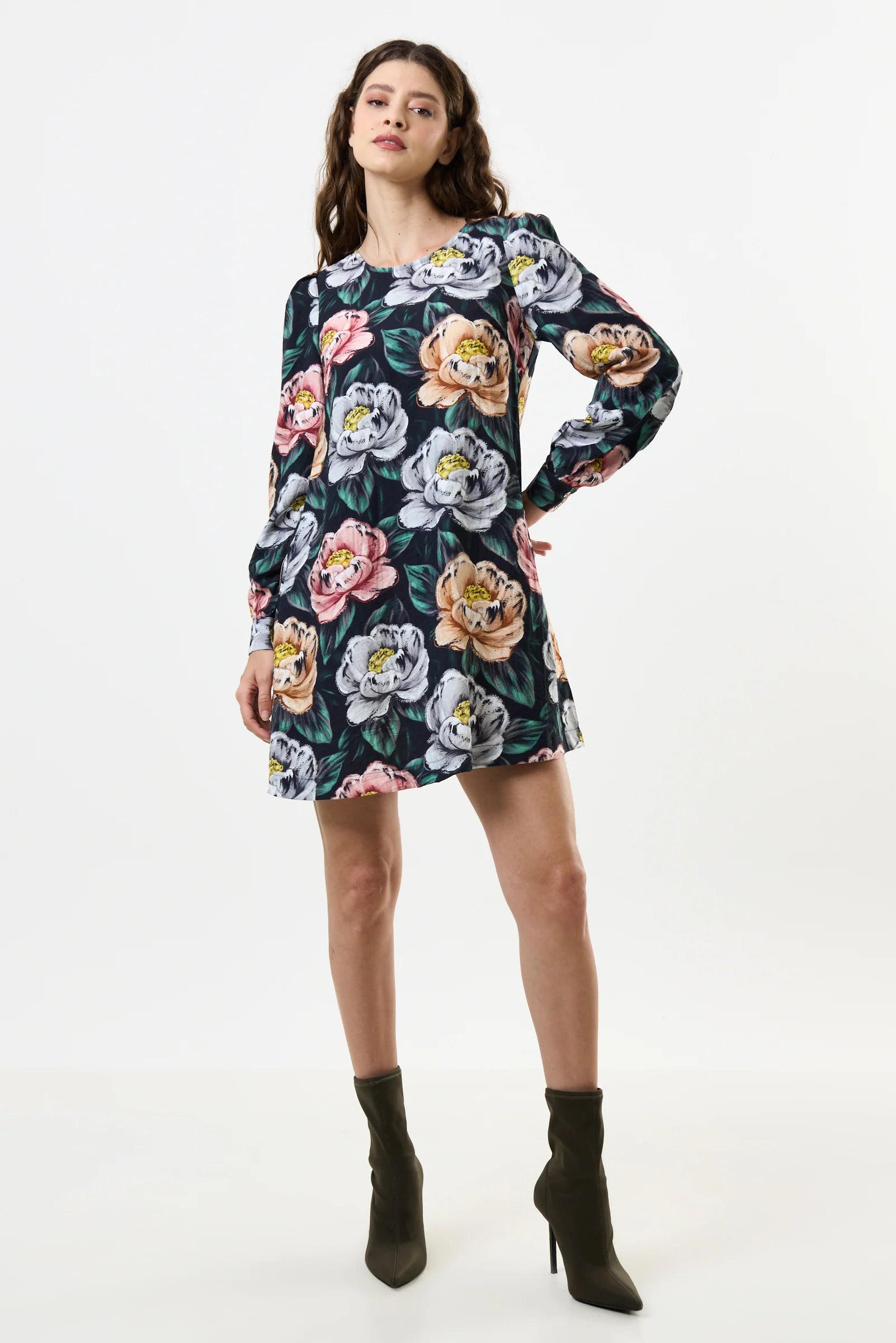 Didee Peonies Long Sleeve A-line Mini Dress - Black
