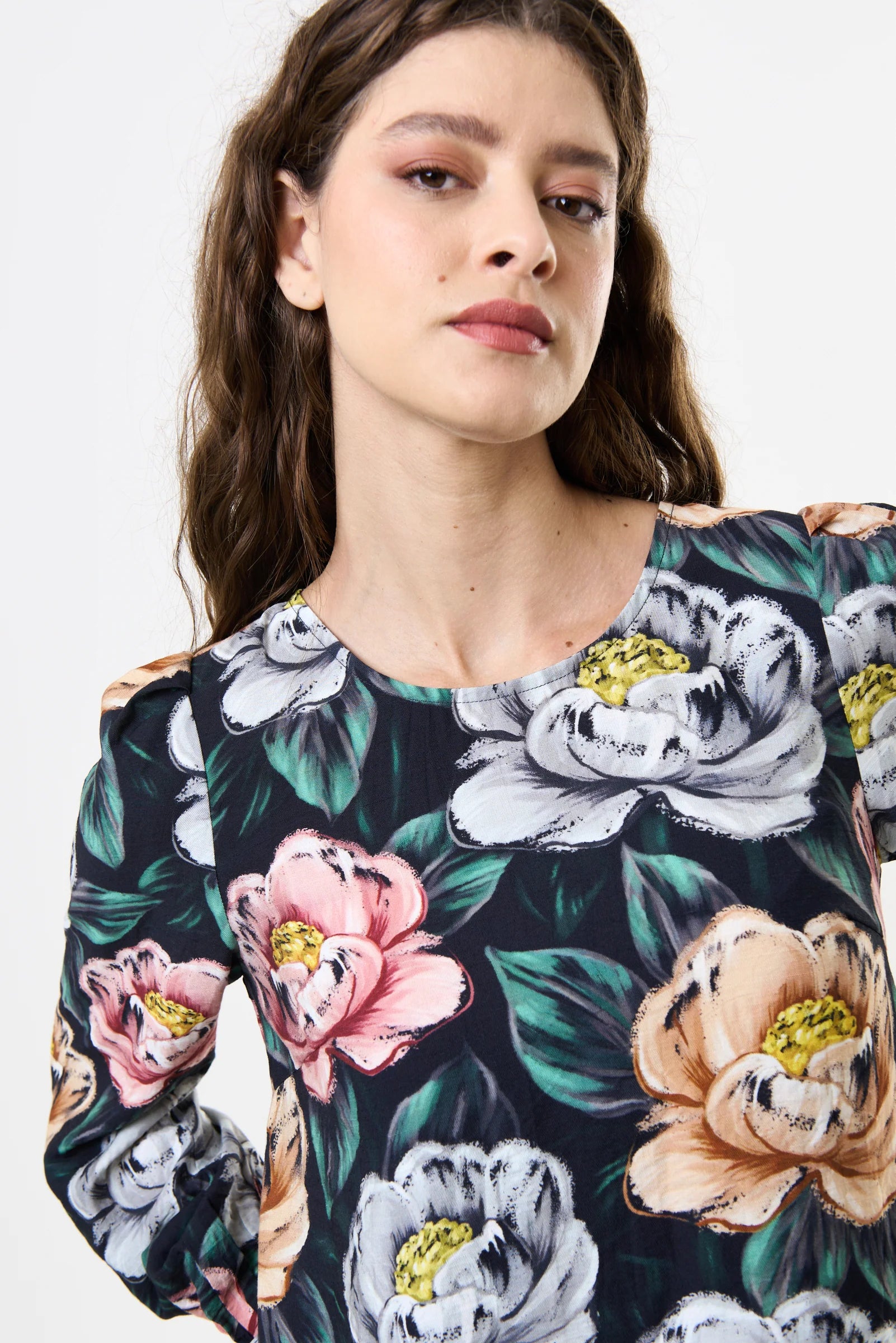 Didee Peonies Long Sleeve A-line Mini Dress - Black