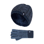 Boys Kids Cable Knit Warm Fleece Lined Thermal Winter Hat & Gloves Set
