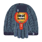 Boys Kids Cable Knit Warm Fleece Lined Thermal Winter Hat & Gloves Set