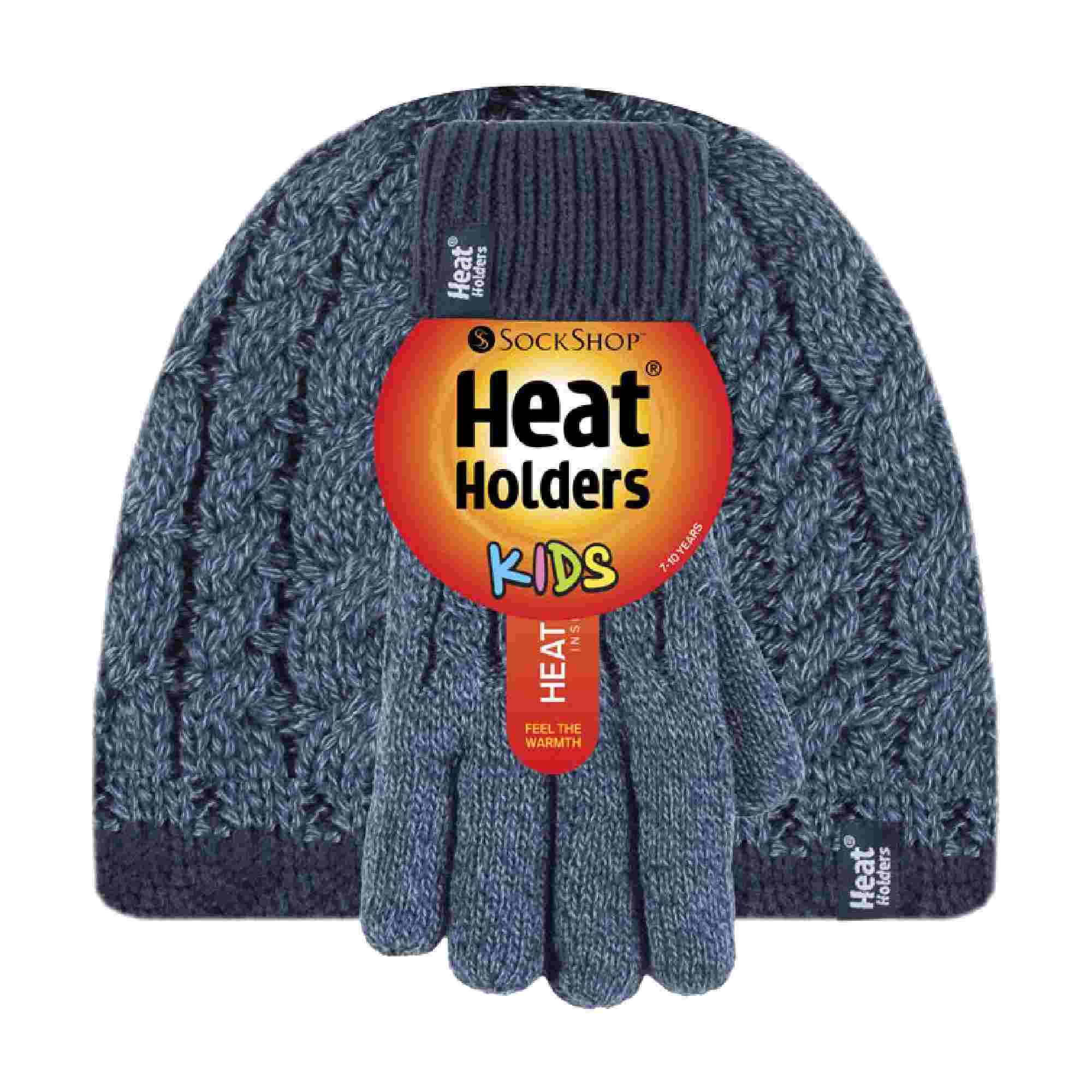 Boys Kids Cable Knit Warm Fleece Lined Thermal Winter Hat & Gloves Set