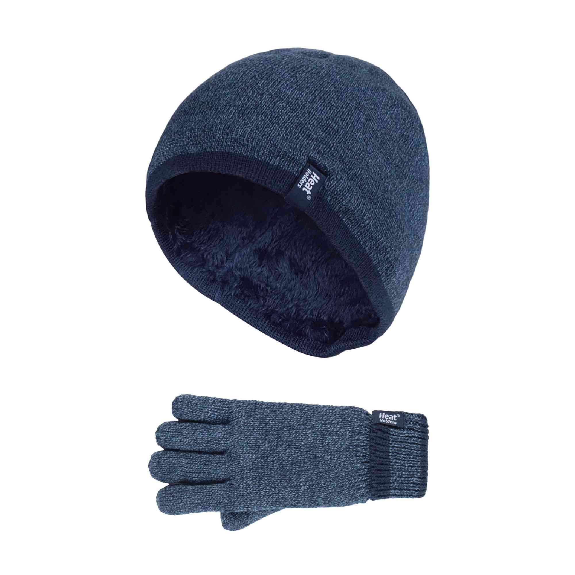 Children Winter Warm Fleece Lined Knit Turn Over Cuff Ribbed Hat & Gloves Set