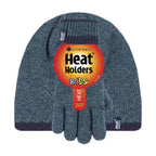 Children Winter Warm Fleece Lined Knit Turn Over Cuff Ribbed Hat & Gloves Set