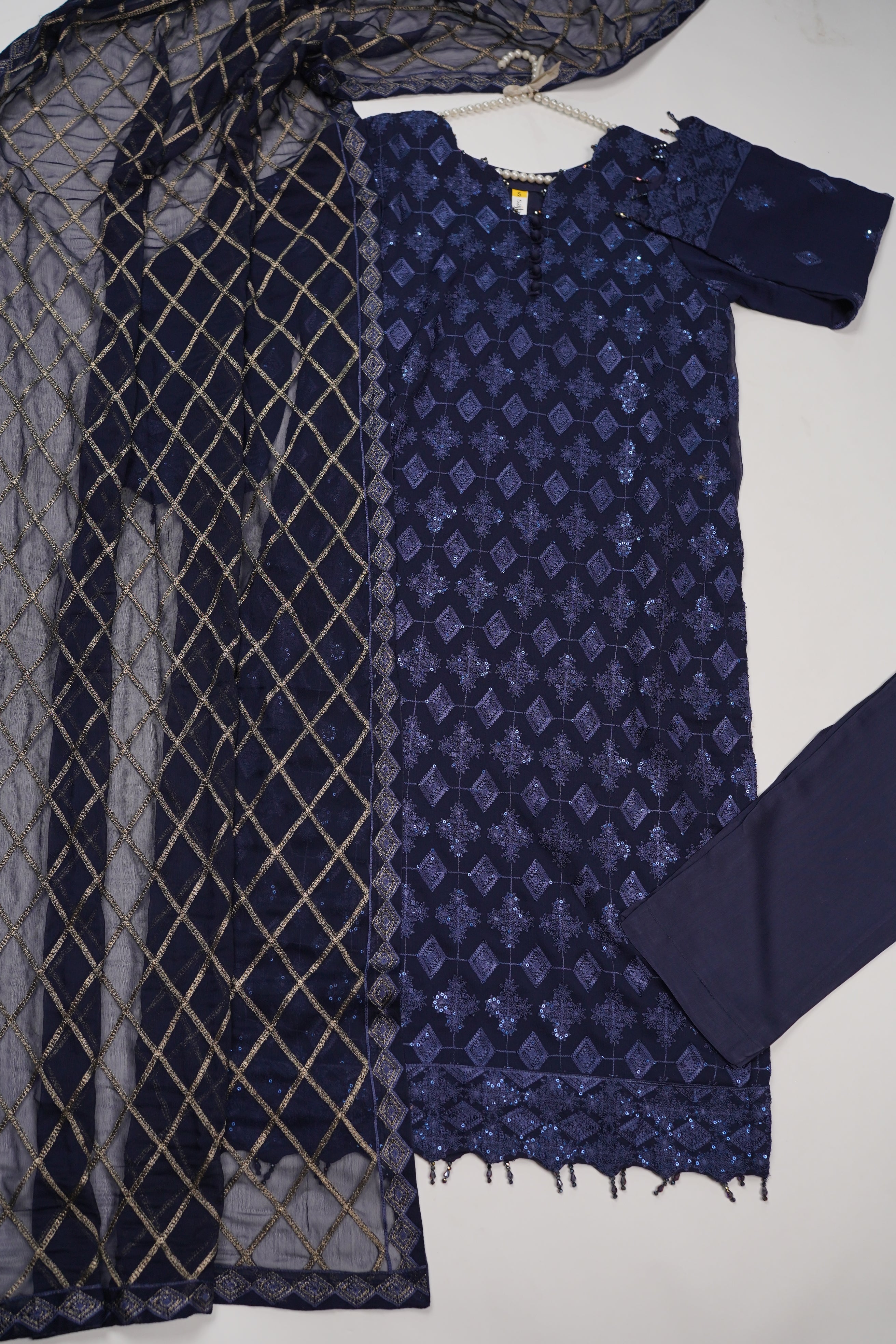 Husan e Jahan - Luxury Chiffon Outfit with Chiffon Dupatta - Ready to Wear - HEJ-V4-D6 navy blue