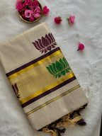 Premium Kerala Kasavu Saree – Off-White with Dual Lotus Motifs & Gold Border