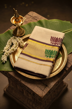 Premium Kerala Kasavu Saree – Off-White with Dual Lotus Motifs & Gold Border