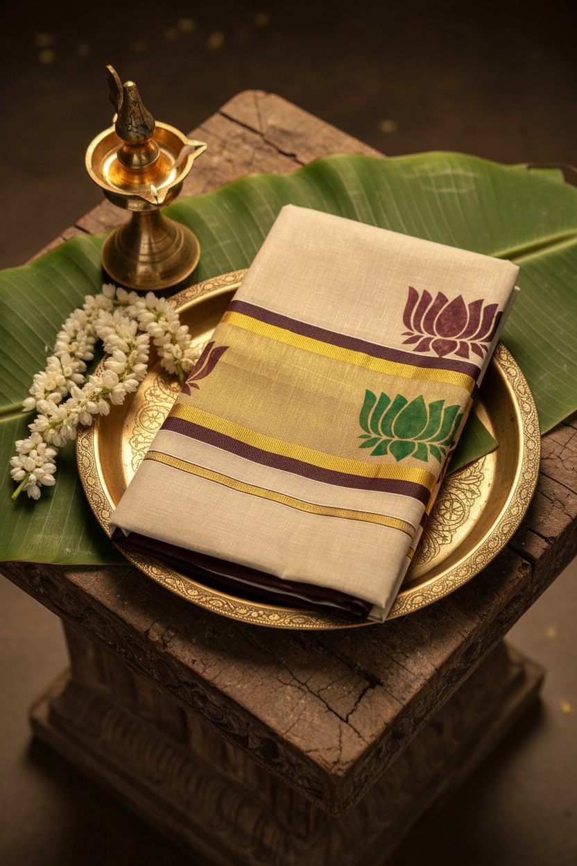 Premium Kerala Kasavu Saree – Off-White with Dual Lotus Motifs & Gold Border