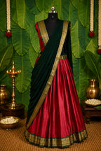 Kerala Half Saree Set for Women | Green & Red Traditional South Indian Half Saree | Ready to Wear Skirt Dupatta | Unstitched Blouse Piece
