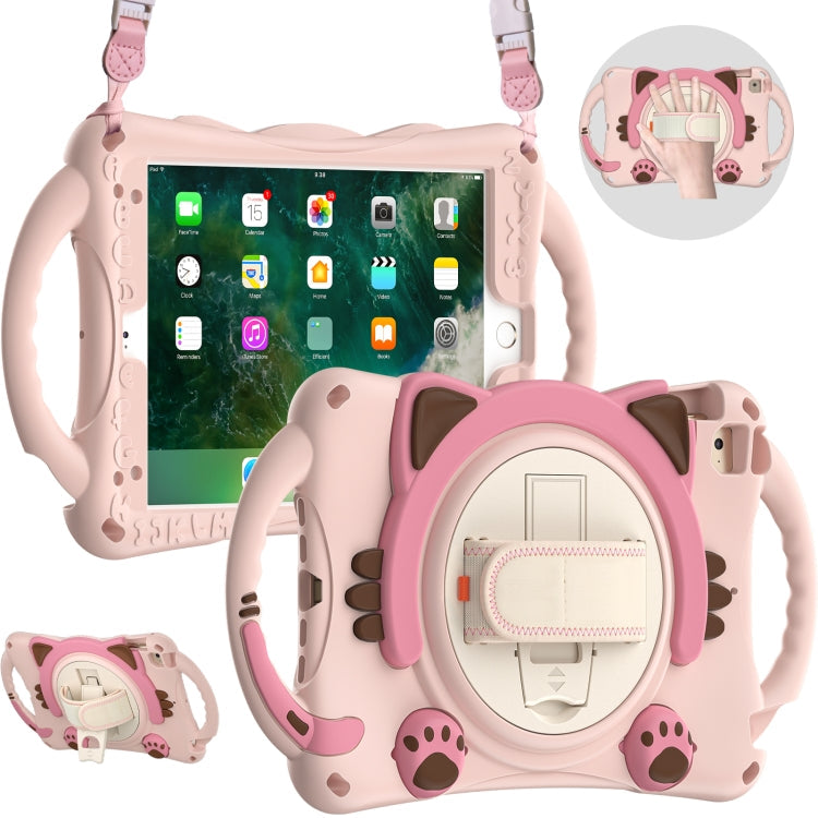 Cute Cat King Kids Shockproof Silicone Tablet Case with Holder & Shoulder Strap & Handle For iPad mini 5 / 4 / 3 / 2 /1(Pink)