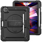 For iPad Pro 12.9 2022 / 2021 / 2020 / 2018 Shockproof Colorful Silicone + PC Protective Tablet Case with Holder & Shoulder Strap & Hand Strap & Pen Slot(All Black)