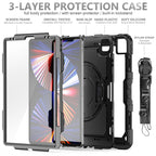 For iPad Pro 12.9 2022 / 2021 / 2020 / 2018 Shockproof Colorful Silicone + PC Protective Tablet Case with Holder & Shoulder Strap & Hand Strap & Pen Slot(All Black)