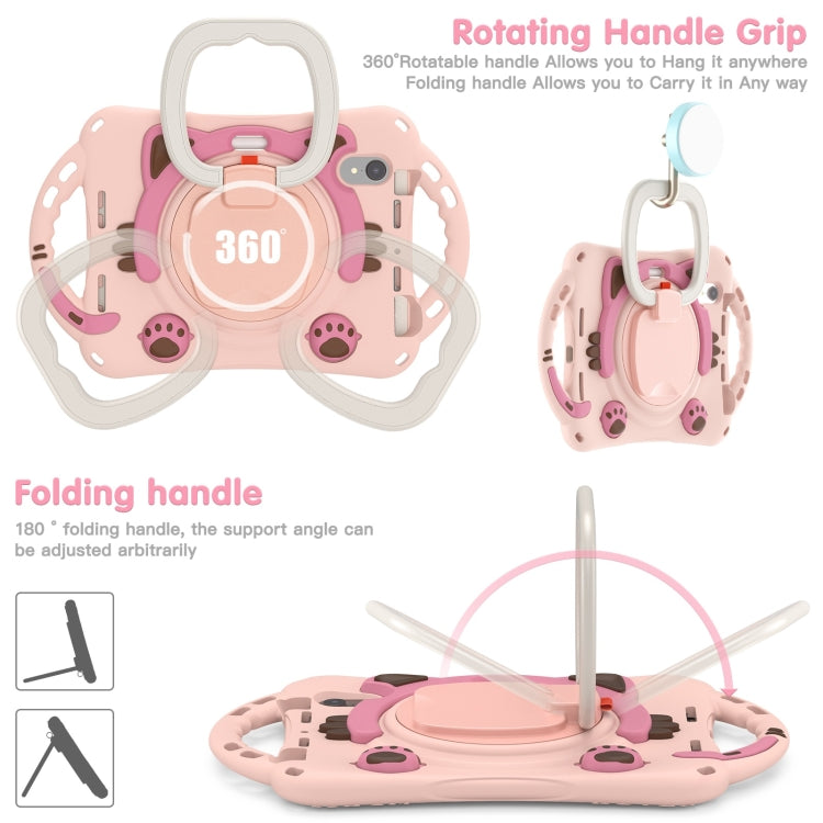 For iPad mini 6 Cute Cat King Kids Shockproof Silicone Tablet Case with Holder & Shoulder Strap & Handle(Pink)