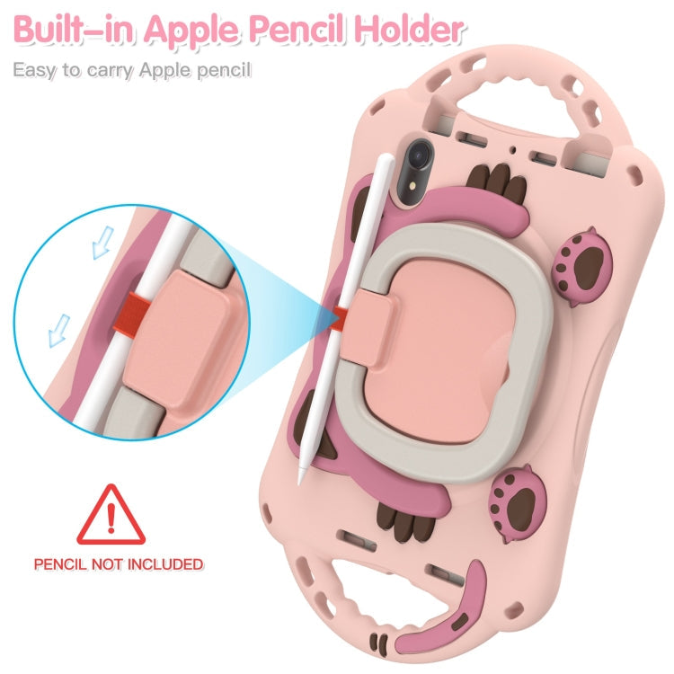 For iPad mini 6 Cute Cat King Kids Shockproof Silicone Tablet Case with Holder & Shoulder Strap & Handle(Pink)