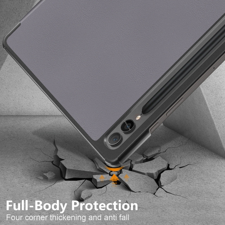 For Samsung Galaxy Tab S9+ Custer Pure Color 3-Fold Holder Smart Leather Tablet Case(Grey)