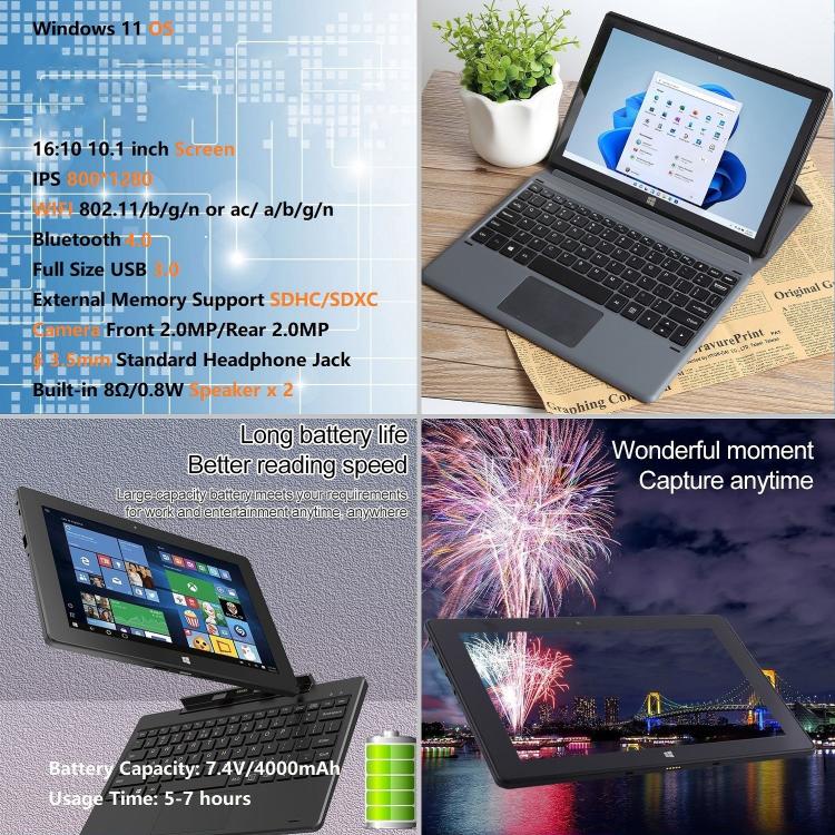 HONGSAMDE 10.1 inch 2 in 1 Tablet PC, 8GB+128GB, Windows 11, Intel Celeron N4120 Quad Core with Keyboard(Black)